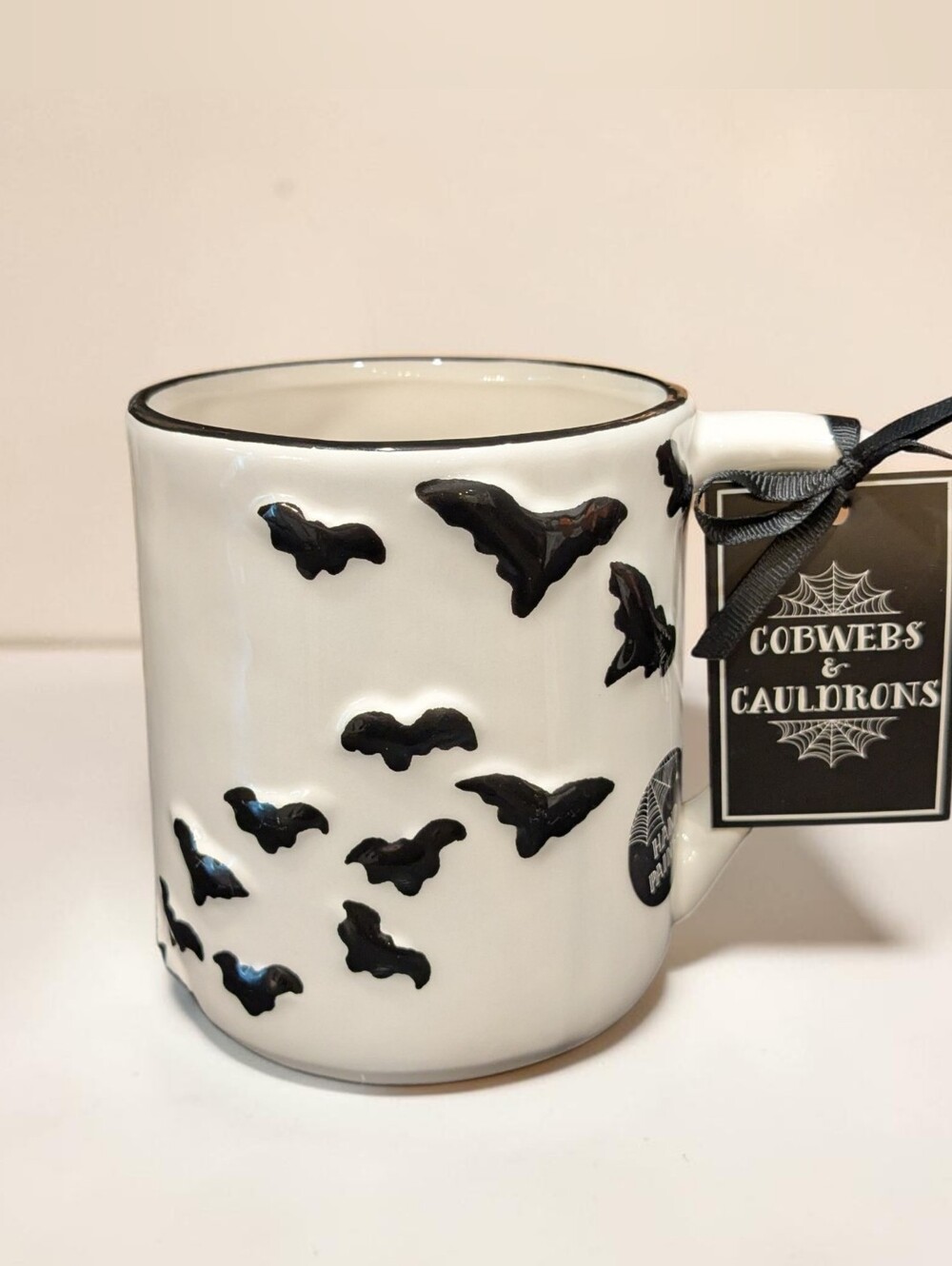 Cobwebs & Cauldrons White And Black Flying Bat Mug NWT 16oz